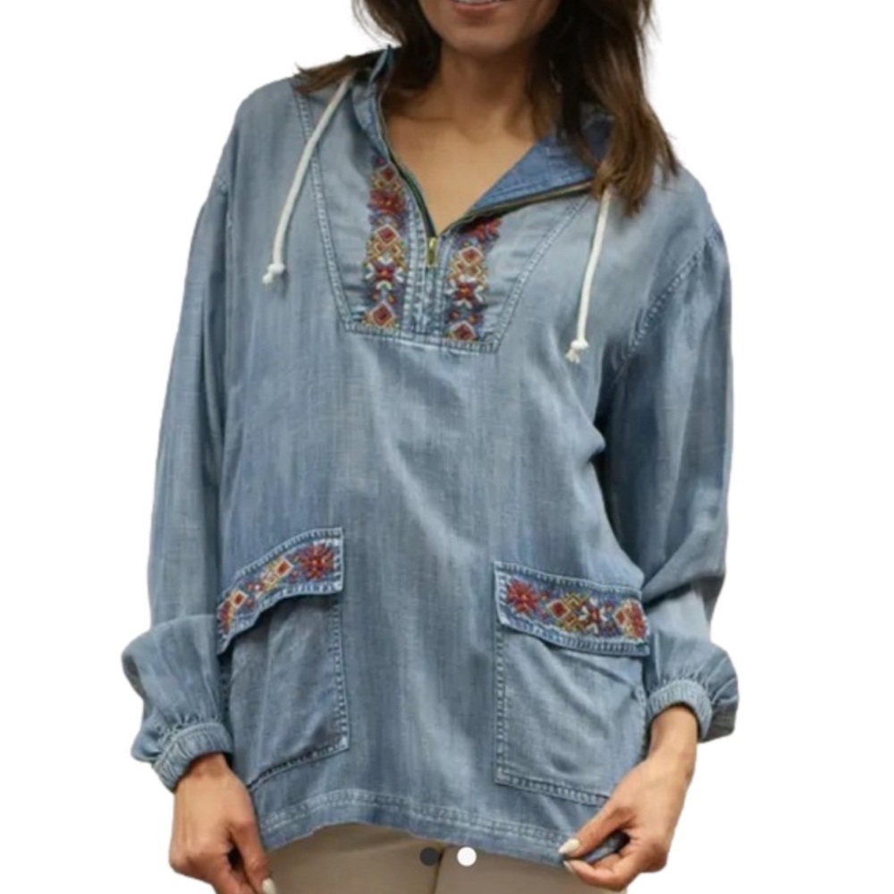 Embroidered Light Blue Denim Pullover Jacket